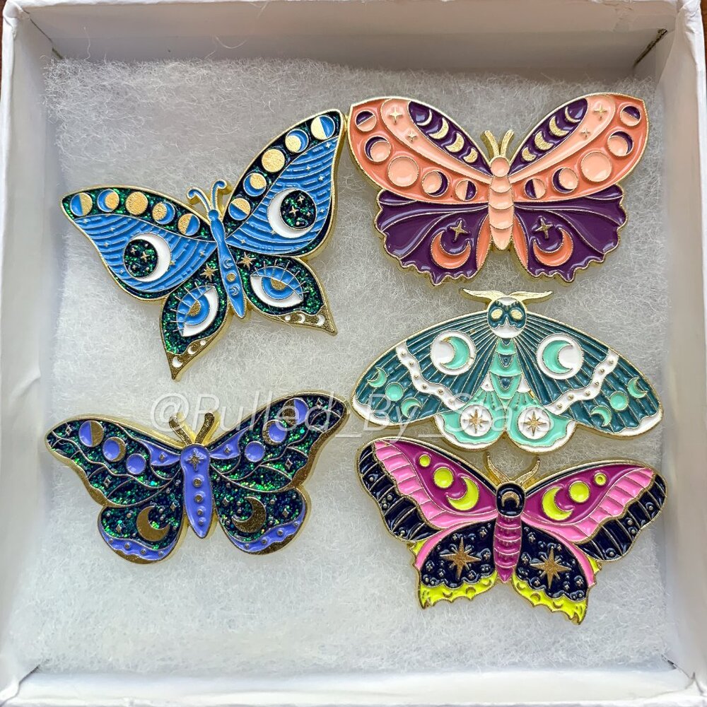 Colorful Mystic Butterfly & Moth 5-Piece Enamel Pin Set - Brand-New in Gift Box!